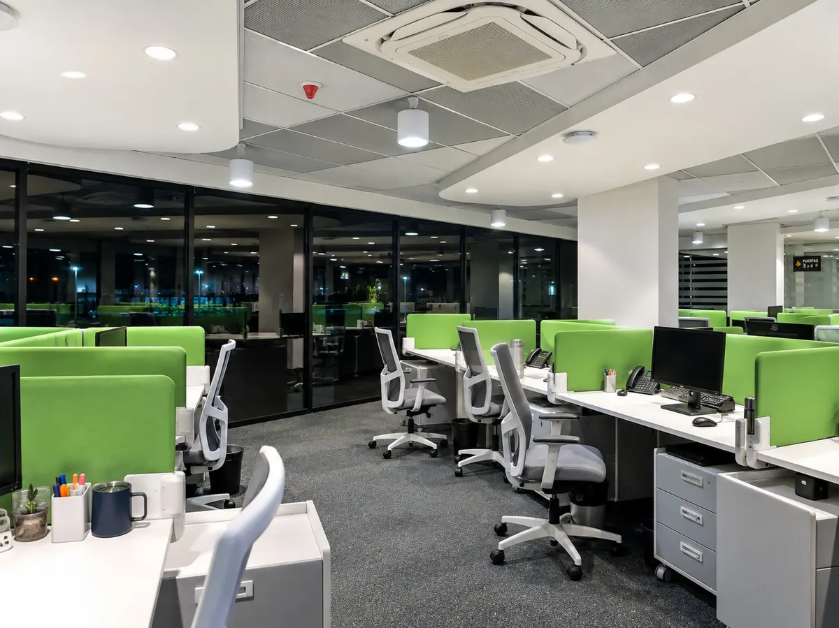 Estaciones de trabajo con mamparas verdes en las oficinas administrativas de OMA